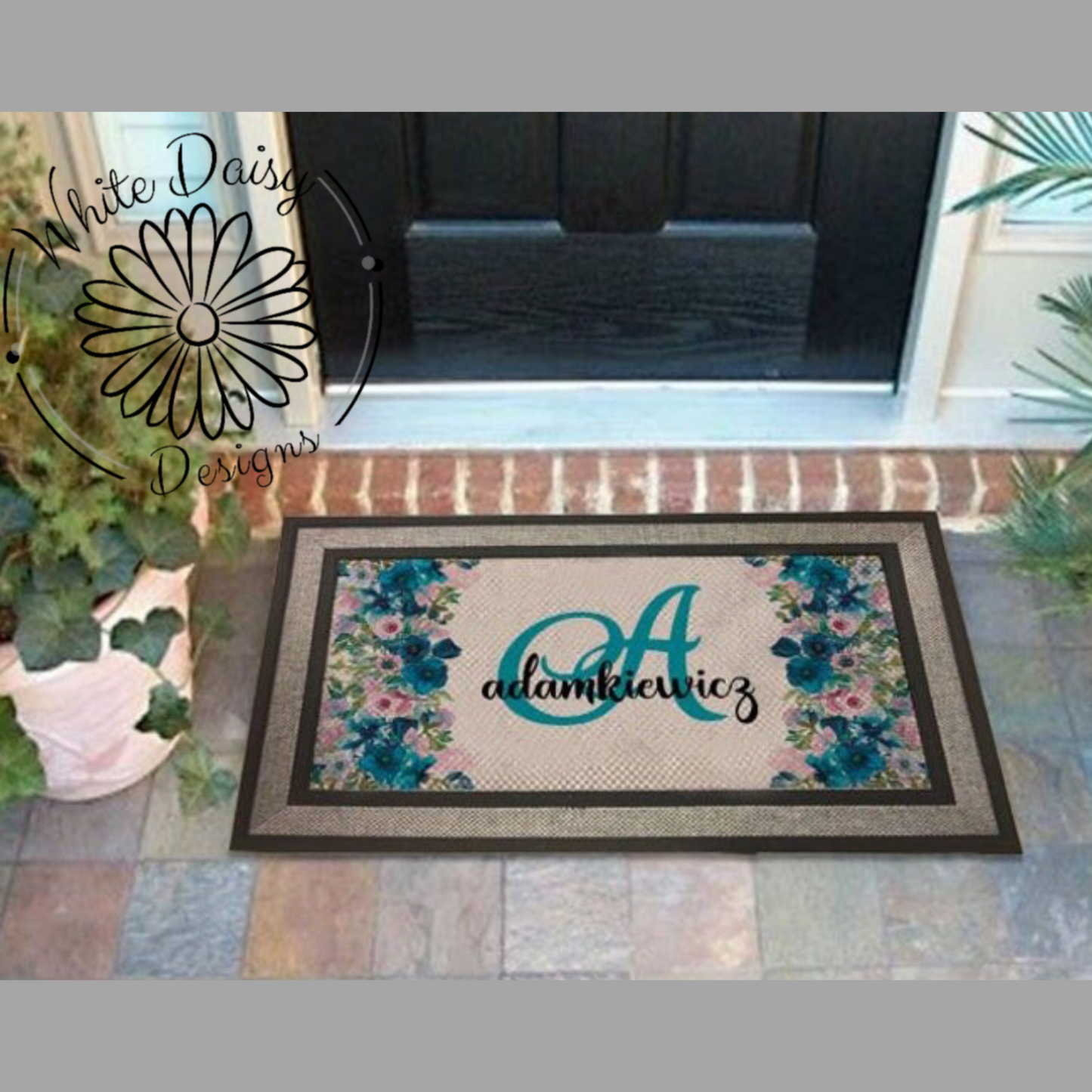 Blue Floral Personalized Doormat